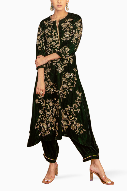 Bottle Green Silk Velvet A-Line Kurta Set