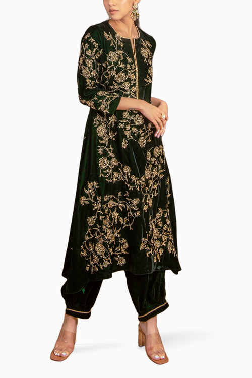 Bottle Green Silk Velvet A-Line Kurta Set