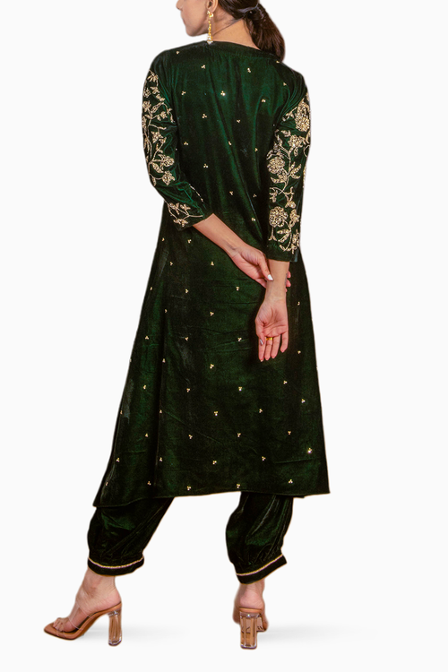 Bottle Green Silk Velvet A-Line Kurta Set