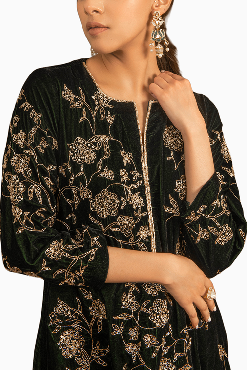 Bottle Green Silk Velvet A-Line Kurta Set