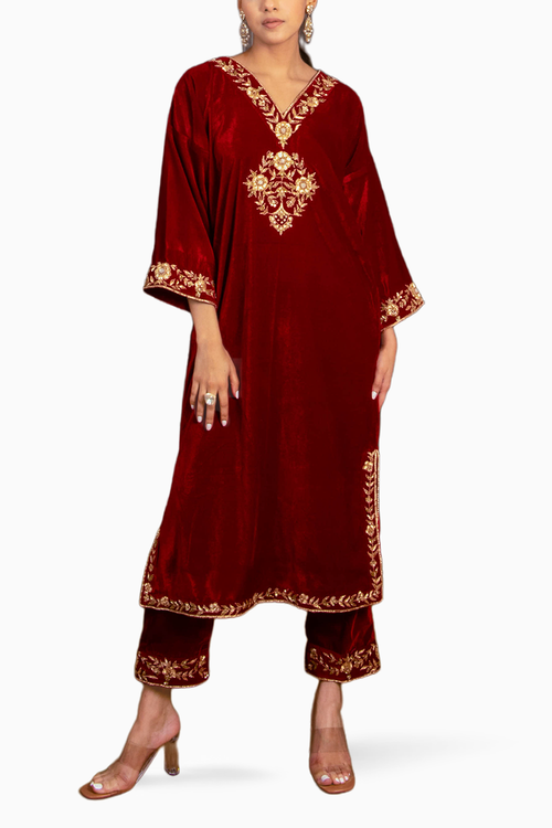 Red Silk Velvet Embroidered Kurta Set