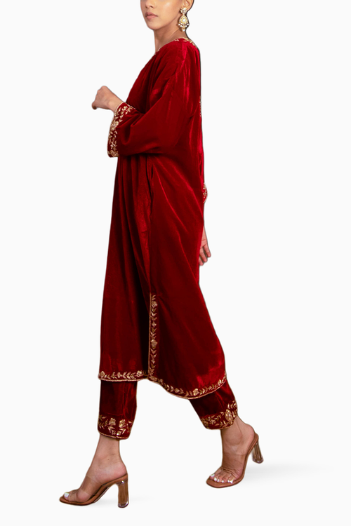 Red Silk Velvet Embroidered Kurta Set