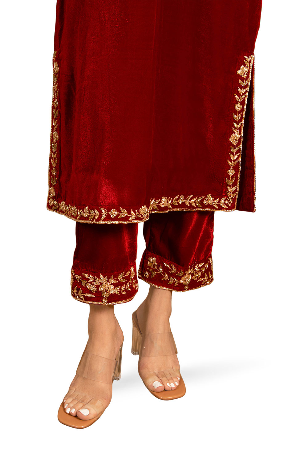 Red Silk Velvet Embroidered Kurta Set