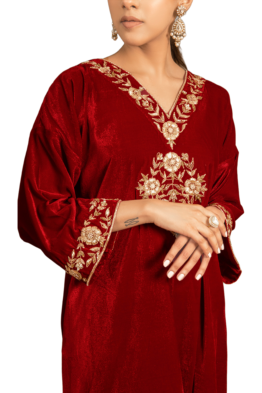 Red Silk Velvet Embroidered Kurta Set