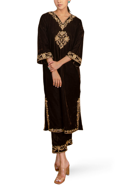 Coffee Brown Silk Velvet Embroidered Kurta Set