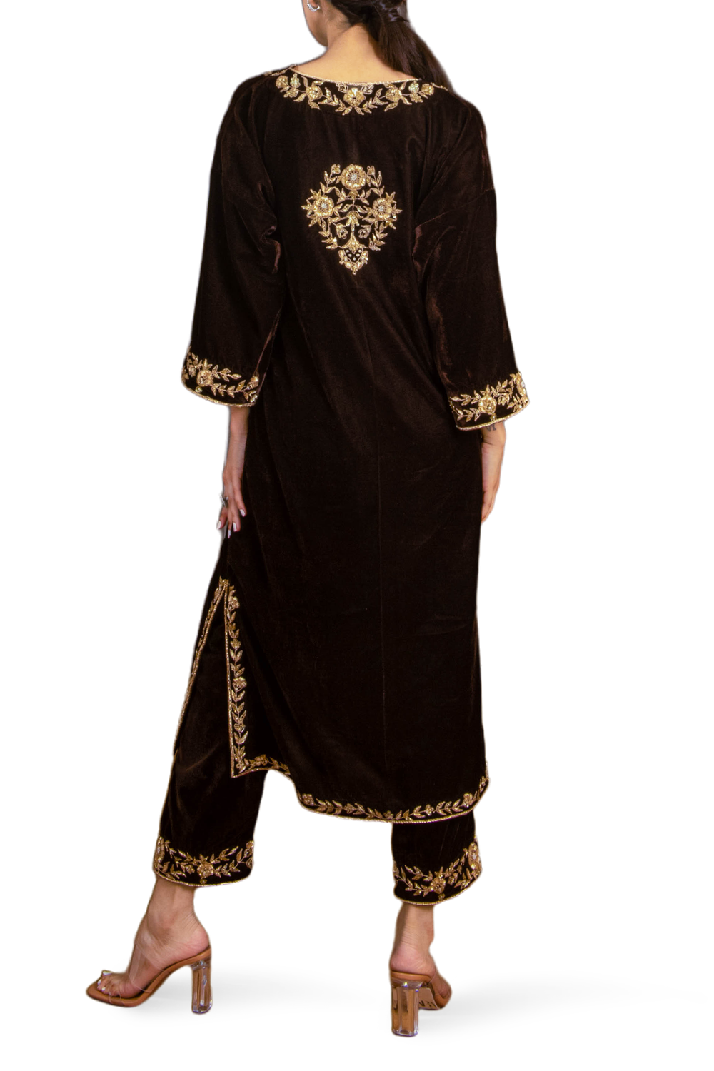 Coffee Brown Silk Velvet Embroidered Kurta Set