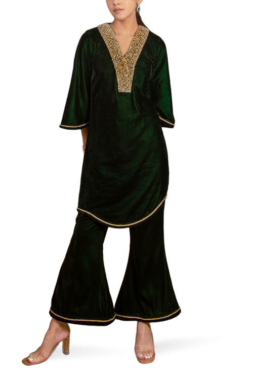 Bottle Green Silk Velvet Co-ord Set