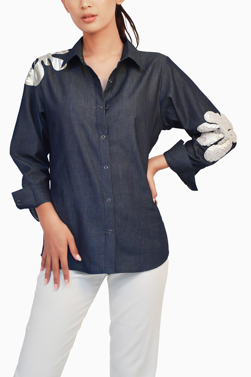 Blue Denim Shirt with Applique and Embroidery
