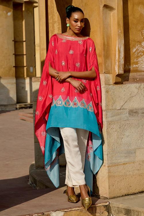 Red Aqua Chintz Kaftan Set