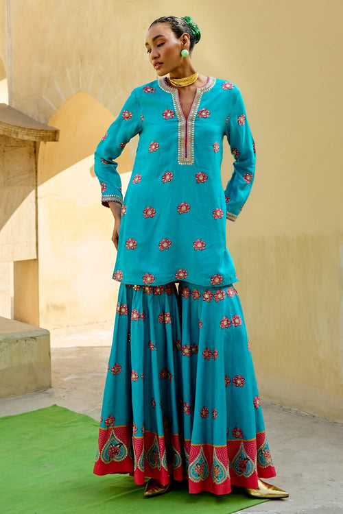 Aqua Chintz Sharara Set
