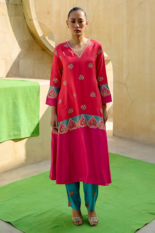 Red Pink Chintz Kurta Set
