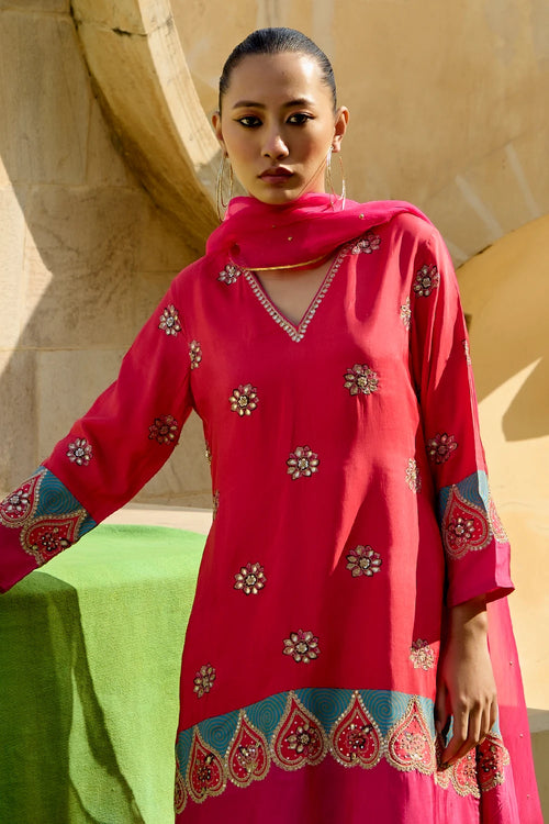 Red Pink Chintz Kurta Set