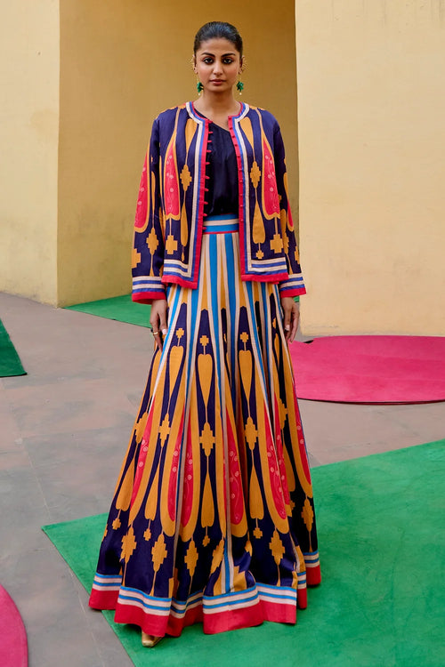 Kilim Blue Yellow Lehenga Set