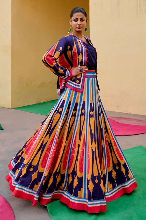 Kilim Blue Yellow Lehenga Set