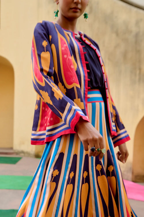 Kilim Blue Yellow Lehenga Set