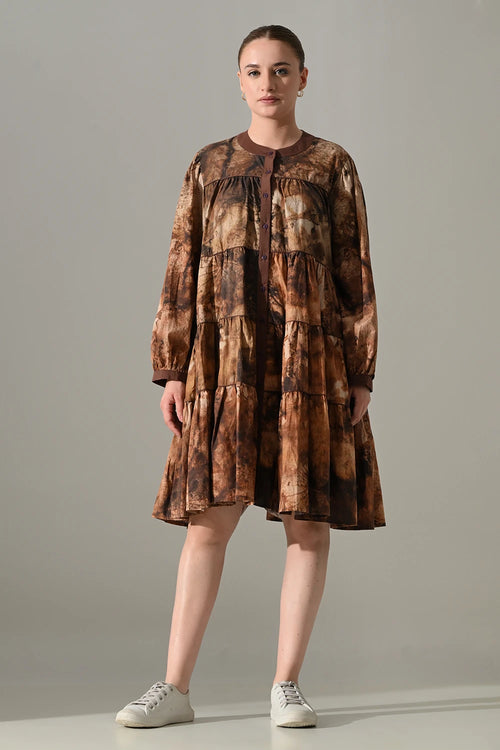 Earth Brown Tie-Dye Tiered Dress