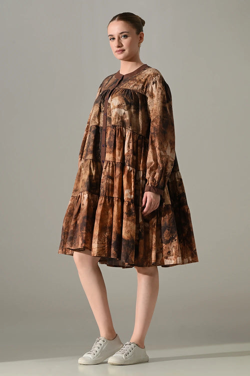 Earth Brown Tie-Dye Tiered Dress