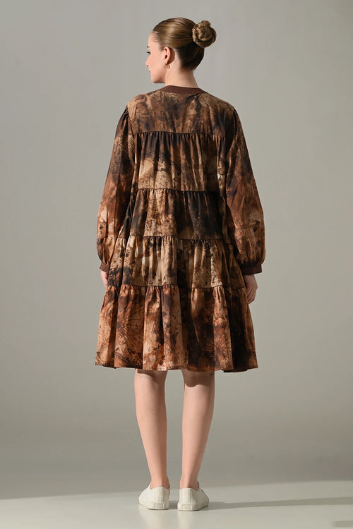 Earth Brown Tie-Dye Tiered Dress