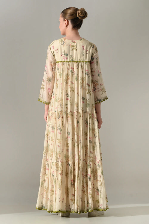 Cream Floral Tiered Long Dress
