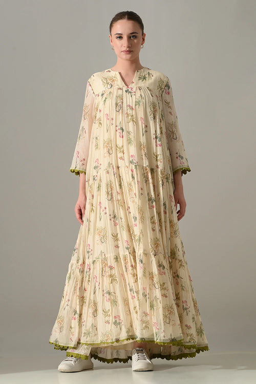 Cream Floral Tiered Long Dress