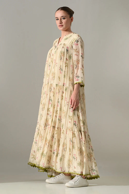 Cream Floral Tiered Long Dress