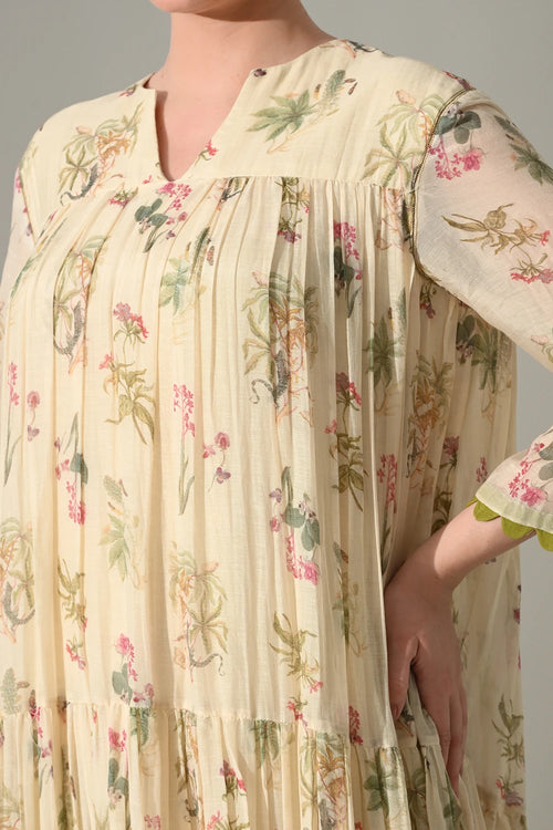 Cream Floral Tiered Long Dress