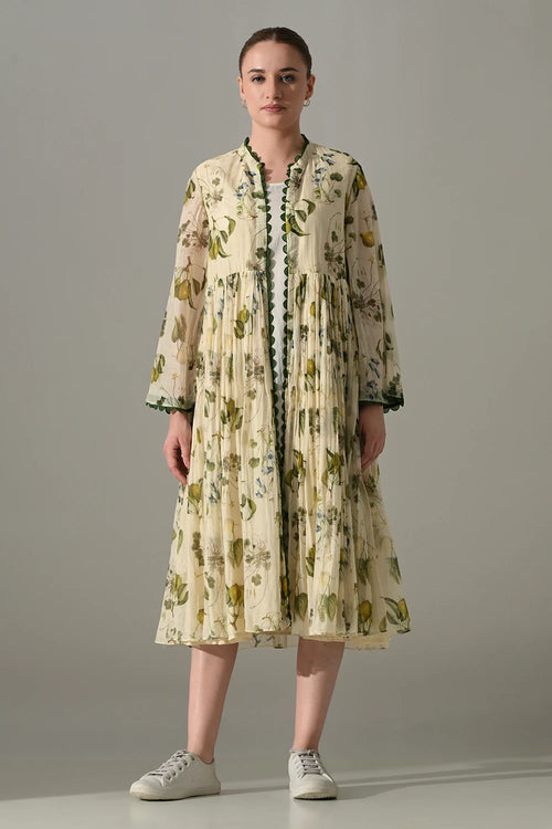 Cream Botanical Motif Front Open Jacket With Slip
