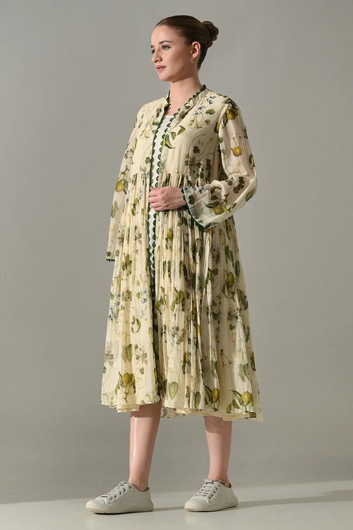 Cream Botanical Motif Front Open Jacket With Slip