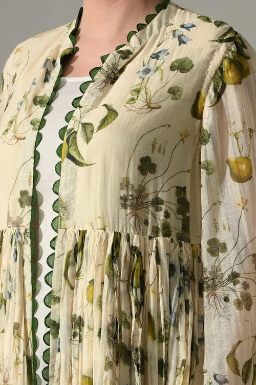 Cream Botanical Motif Front Open Jacket With Slip