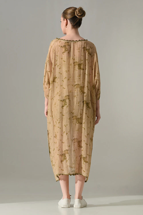 Beige Botanical Long Kaftan Dress