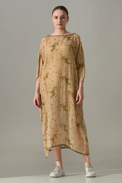 Beige Botanical Long Kaftan Dress