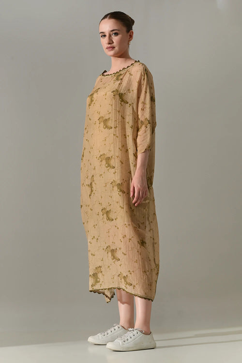 Beige Botanical Long Kaftan Dress