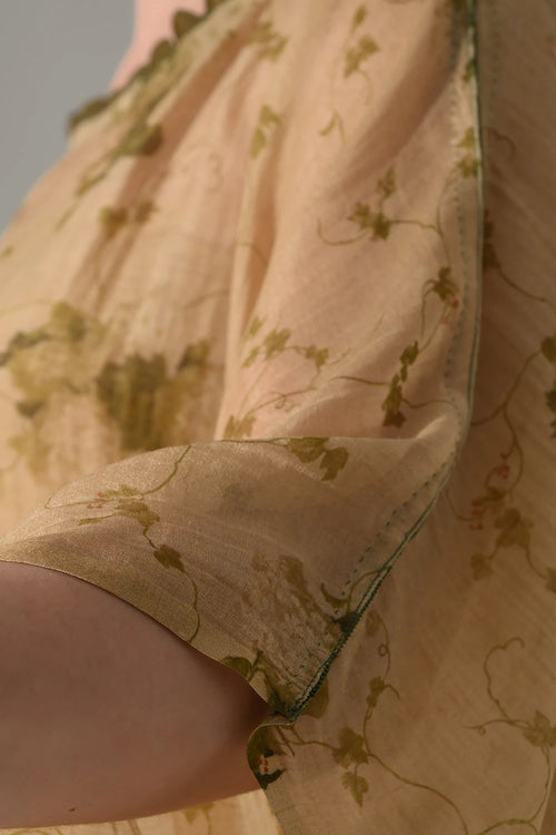 Beige Botanical Long Kaftan Dress