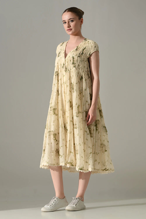Cream Botanical Pintex Dress