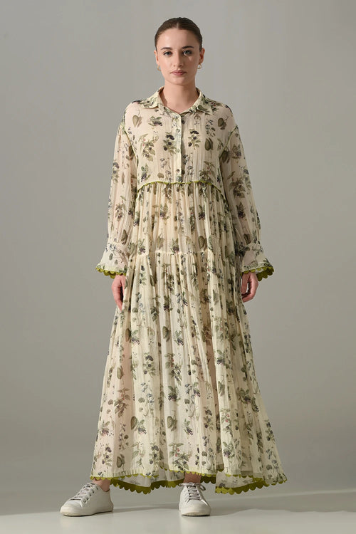 Cream Botanical Print Maxi Dress