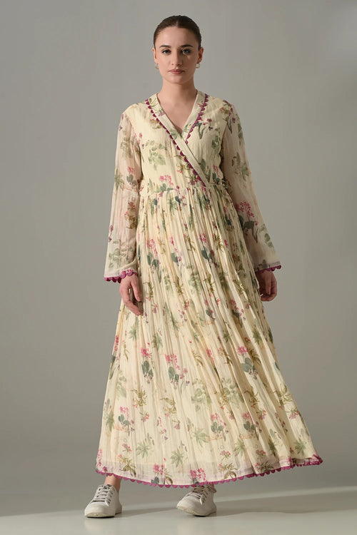 Cream Floral Wrap Dress