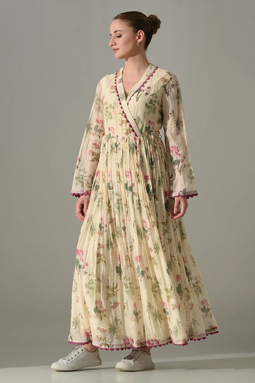Cream Floral Wrap Dress