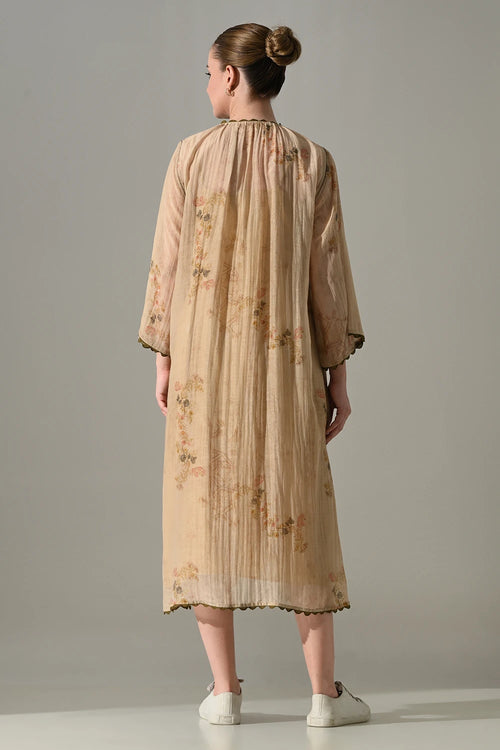 Beige Printed Jacket With Inner Dress Set