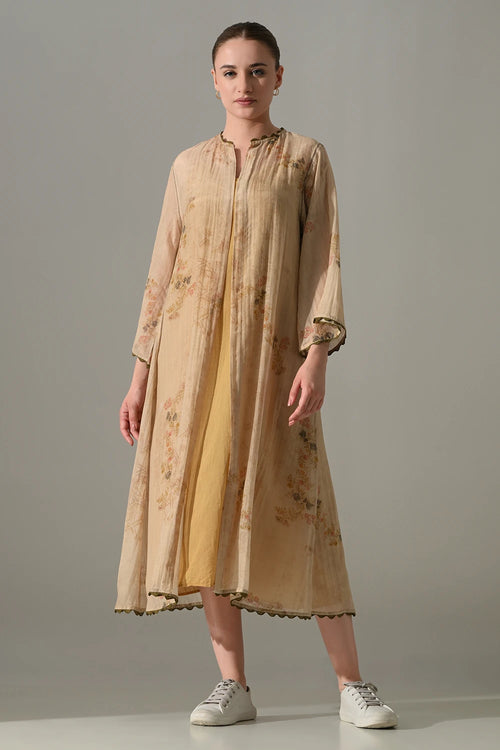 Beige Printed Jacket With Inner Dress Set