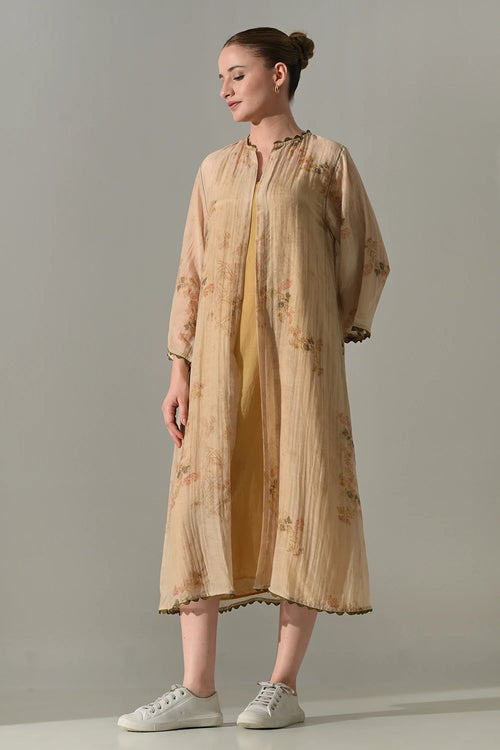 Beige Printed Jacket With Inner Dress Set