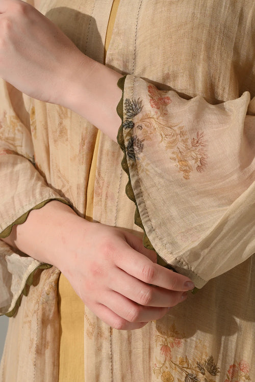 Beige Printed Jacket With Inner Dress Set