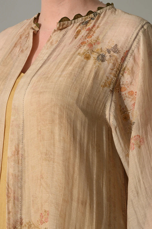 Beige Printed Jacket With Inner Dress Set