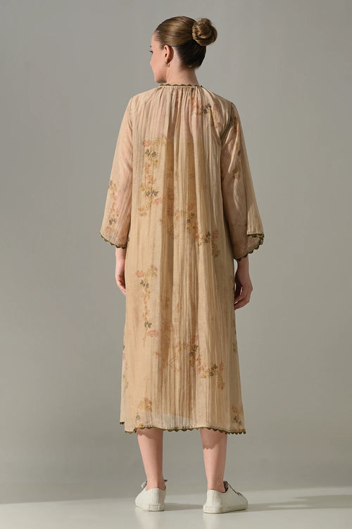 Beige Floral  Gathered Midi Dress