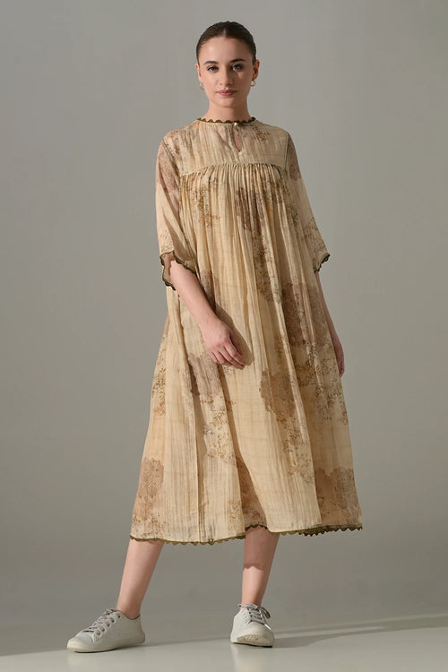 Beige Floral  Gathered Midi Dress