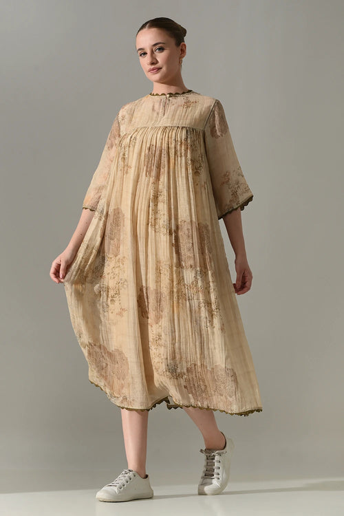 Beige Floral  Gathered Midi Dress