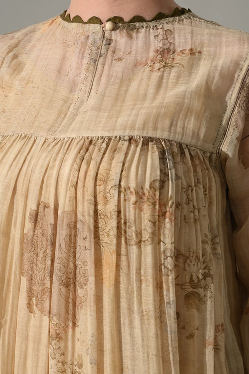 Beige Floral  Gathered Midi Dress