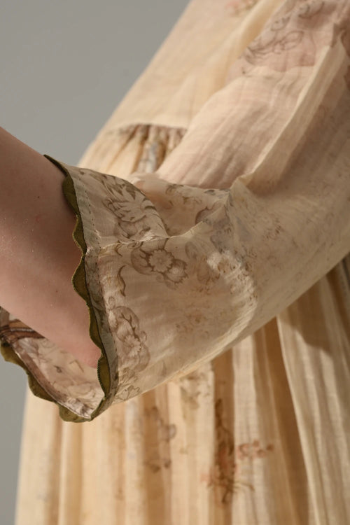 Beige Floral  Gathered Midi Dress