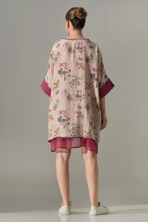 Pink Floral Double Layered Short Kaftan Tunic