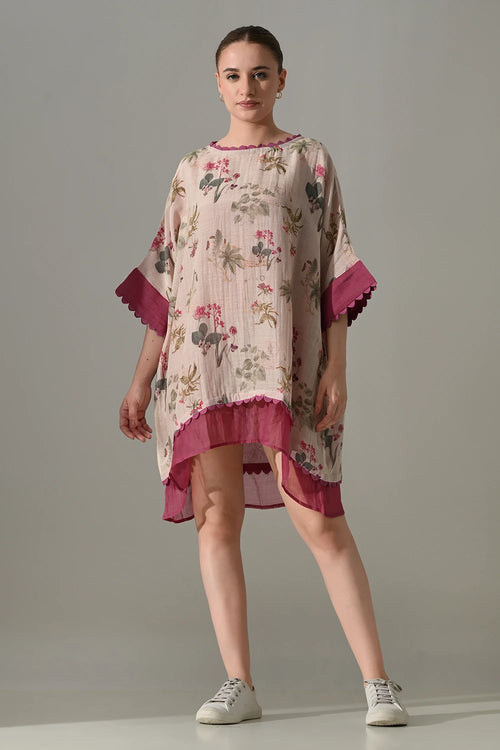 Pink Floral Double Layered Short Kaftan Tunic