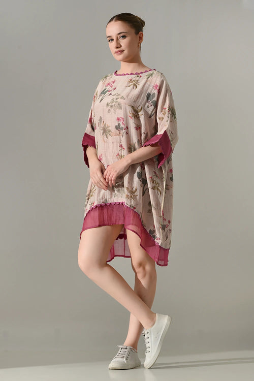 Pink Floral Double Layered Short Kaftan Tunic